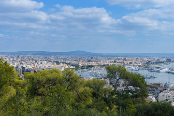Fototapeta na wymiar top view of the bay with yachts and the Spanish city of Palma de Mallorca on the background of mountains and cloudy sky