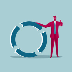 Businessman relies on the arrow symbol. Isolated on blue background.