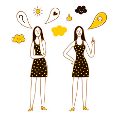 Doodle girl thinking and having an idea.