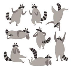 Cute cartoon raccoons set