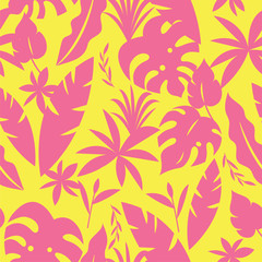 Fototapeta na wymiar Seamless tropical pattern with palm leaves and green plants in yellow and pink color