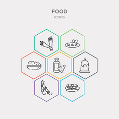 simple set of pasta, kebab, jelly, dairy icons, contains such as icons risotto, mushrooms, chives and more. 64x64 pixel perfect. infographics vector