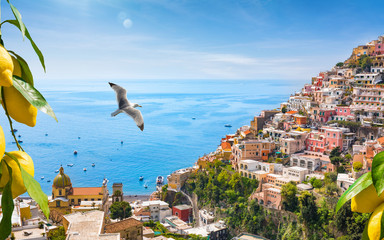Beautiful Positano with comfortable beaches and azure sea on Amalfi Coast in Campania, Italy