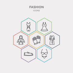 simple set of lingerine, men shoe, women coat, pair of gloves icons, contains such as icons sweater with hood, women drees, femenine trakcsuit and more. 64x64 pixel perfect. infographics vector