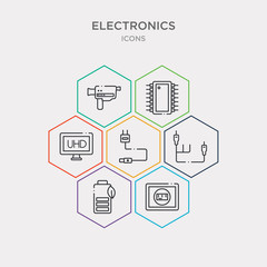 simple set of test card, ecological battery, av cable, power cable icons, contains such as icons uhd, integrated circuit, super 8 and more. 64x64 pixel perfect. infographics vector