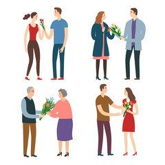 Fototapeta premium Set of men giving a bouquets of flowers to a women.
