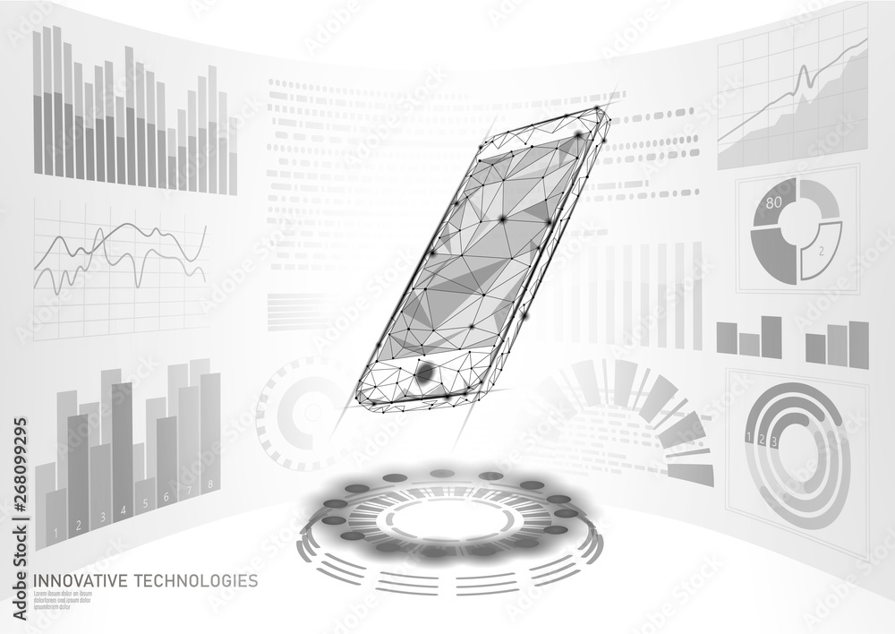 Poster chatbot mobile smartphone 3d virtual reality. visual imagination low poly polygonal geometric shapes