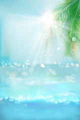 View of the tropical beach with a palm tree. Blue ocean. Vector Illustration. 
