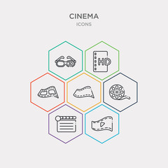 simple set of film strip with play triangle, movie clapper, film roll side view, film strip black icons, contains such as icons strip of two photograms, hd, old 3d glasses and more. 64x64 pixel