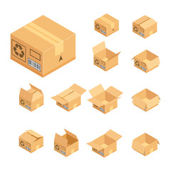 Fototapeta premium Isometric cardboard box set. Package process vector illustration isolated on white background.