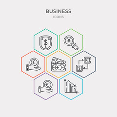 simple set of down graphic of business stats, euro coin on hands, dollar euro money exchange, euro bills icons, contains such as icons pound coin on hands, yen business search, dollar money