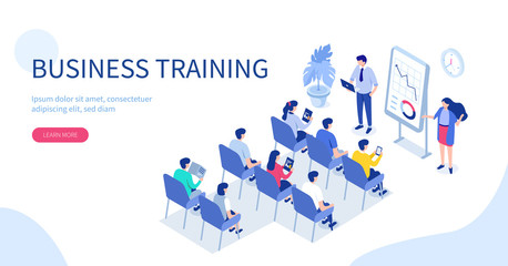 Business training or courses concept. Can use for web banner, infographics, hero images. Flat isometric vector illustration isolated on white background. - obrazy, fototapety, plakaty