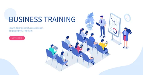 Fotobehang Business training or courses concept. Can use for web banner, infographics, hero images. Flat isometric vector illustration isolated on white background. © Irina Strelnikova