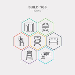 simple set of decorative cushions, bar stool, two seat sofa, french bergere icons, contains such as icons highchair, full bed, high and more. 64x64 pixel perfect. infographics vector