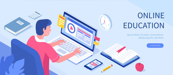 Student character study at computer. Can use for web banner, infographics, hero images. Flat isometric vector illustration isolated on white background.