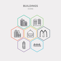 simple set of three stars, porcelain tower of nanjing, mosque of cordoba, village icons, contains such as icons town, future house, townhouse and more. 64x64 pixel perfect. infographics vector