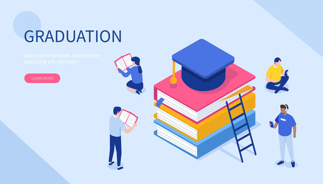  Graduation and education concept. Can use for web banner, infographics, hero images. Flat isometric vector illustration isolated on white background.