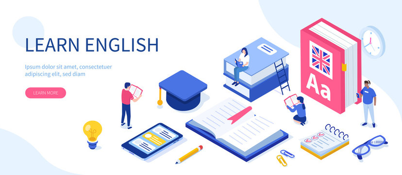 Language school concept. Can use for web banner, infographics, hero images. Flat isometric vector illustration isolated on white background.