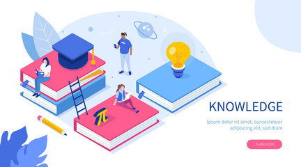 Fototapeta na wymiar Knowledge and education concept with text place. Can use for web banner, infographics, hero images. Flat isometric vector illustration isolated on white background.