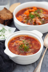 traditional russuan soup borsch in white bowl