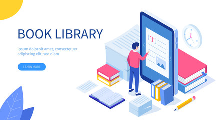 Media book library concept. Can use for web banner, infographics, hero images. Flat isometric vector illustration isolated on white background. - obrazy, fototapety, plakaty