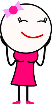 Vector Illustration of a cute girl cartoon in pink dress smiling and feeling happy with closed eyes. Suitable for Love or happiness.