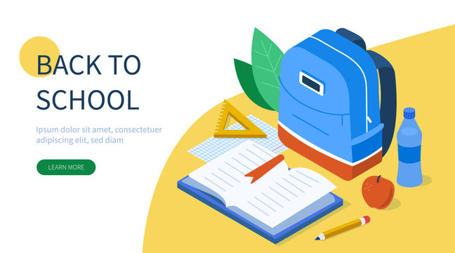 Back to school concept with text place. Can use for web banner, infographics, hero images. Flat isometric vector illustration isolated on white background.