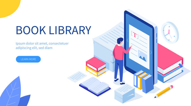 Media book library concept. Can use for web banner, infographics, hero images. Flat isometric vector illustration isolated on white background.