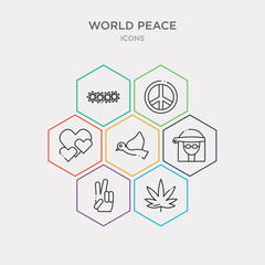 simple set of cannabis, victory, hippie, pacifism icons, contains such as icons hearts, peace, crown of flowers and more. 64x64 pixel perfect. infographics vector