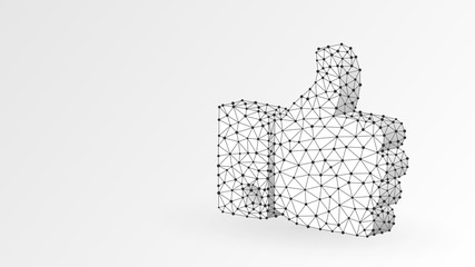 Hand Thumb Up like gesture. Business communication, approving, agreement concept. Abstract, digital, wireframe, low poly mesh, Raster white origami 3d illustration. Triangle, line, dot, star