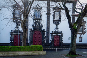 Fototapeta premium Historic church in Ponta Delgada, capital of Sao Miguel, on the Azores. Built with lava Stone.