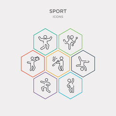 simple set of aerobics, aikido, artistic gymnastics, baseball bat icons, contains such as icons baseball glove, baton twirling, bodybuilding and more. 64x64 pixel perfect. infographics vector