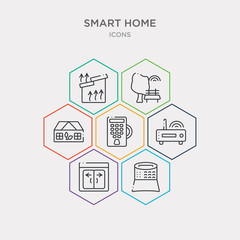 simple set of alarm system, automated door, cd player, door key icons, contains such as icons eco friendly, environmental, heat leak and more. 64x64 pixel perfect. infographics vector