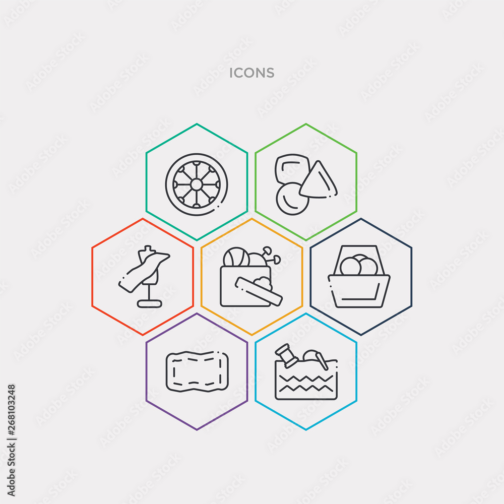 Wall mural simple set of seam, sew pattern, sewing basket, sewing box icons, contains such as icons sewing craft, marker, spokes and more. 64x64 pixel perfect. infographics vector