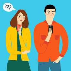 A girl peeps on a boy's smartphone.