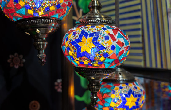 Stained glass hanging lamps for sale at the handicraft market