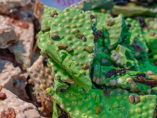 Homemade pistachio green chocolate for sale at Krakow christmas market