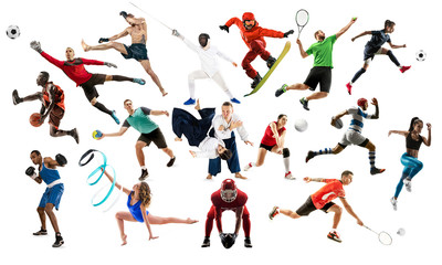 Fototapeta na wymiar Sport collage. Tennis, running, badminton, soccer and american football, basketball, handball, volleyball, boxing, MMA fighter and rugby players. Fit women and men standing isolated on white