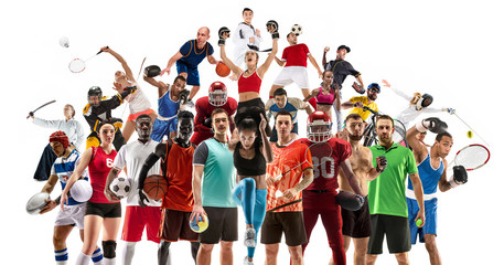 Sport collage. Tennis, running, badminton, soccer and american football, basketball, handball,...