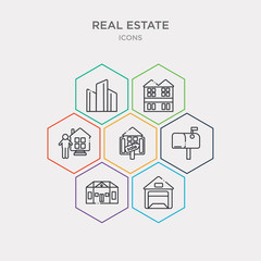 simple set of garage, mansion, mailbox, for sale icons, contains such as icons agent, duplex, skyscraper and more. 64x64 pixel perfect. infographics vector