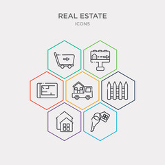 simple set of house key, real estate, fence, moving truck icons, contains such as icons print, billboard, buy and more. 64x64 pixel perfect. infographics vector