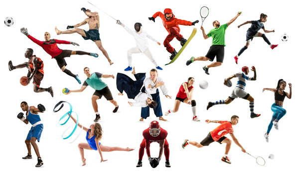 Sport collage. Tennis, running, badminton, soccer and american football, basketball, handball, volleyball, boxing, MMA fighter and rugby players. Fit women and men standing isolated on white