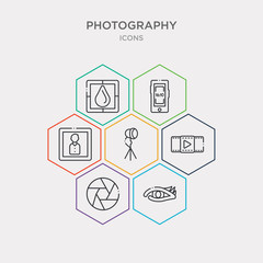 simple set of eye, exposure, play video, spotlight icons, contains such as icons resolution, aspect, blur and more. 64x64 pixel perfect. infographics vector