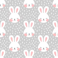 Behang Konijn Konijn en kuiken naadloze patroon achtergrond, Scandinavische Happy bunny met cloud, Pasen. cartoon konijn vectorillustratie voor kinderen nordic background