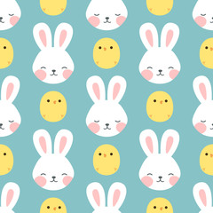Rabbit and chick Seamless Pattern Background, Scandinavian Happy bunny with cloud, easter. cartoon rabbit vector illustration for kids nordic background