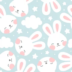 Fotobehang Konijn Konijn en kuiken naadloze patroon achtergrond, Scandinavische Happy bunny met cloud, Pasen. cartoon konijn vectorillustratie voor kinderen nordic background