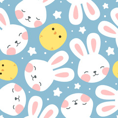 Rabbit and chick Seamless Pattern Background, Scandinavian Happy bunny with cloud, easter. cartoon rabbit vector illustration for kids nordic background