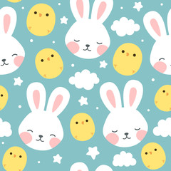 Rabbit and chick Seamless Pattern Background, Scandinavian Happy bunny with cloud, easter. cartoon rabbit vector illustration for kids nordic background