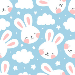 Rabbit and chick Seamless Pattern Background, Scandinavian Happy bunny with cloud, easter. cartoon rabbit vector illustration for kids nordic background