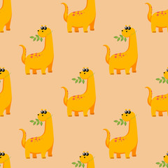 Cute kids dinosaurs pattern for girls and boys. A bright dinosaur eating a branch with leaves. The illustration can be used as a print, pattern, background.